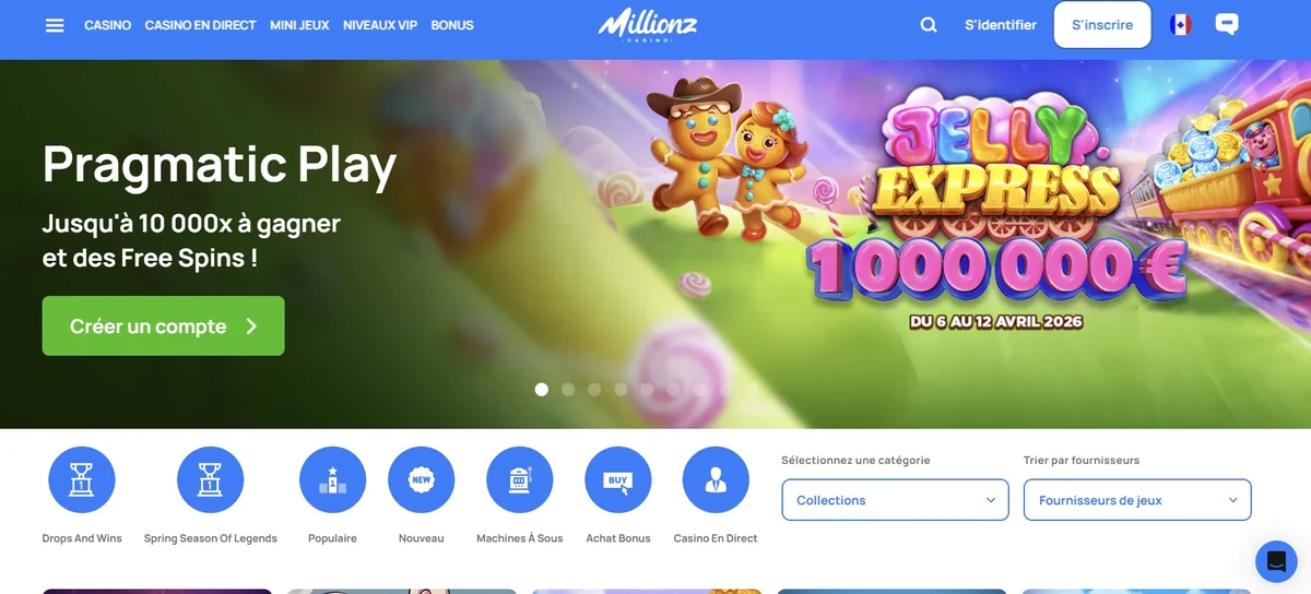 Page d'accueil de Millionz Casino