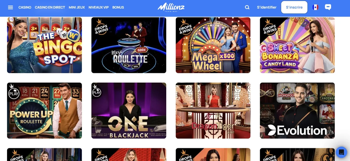 Section des jeux en direct de Millionz Casino